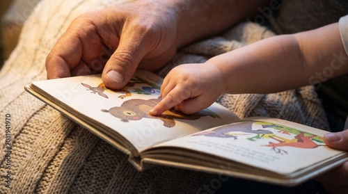 An adult's hand guides a child's hand as they point to an illustration in a book on a person's lap.