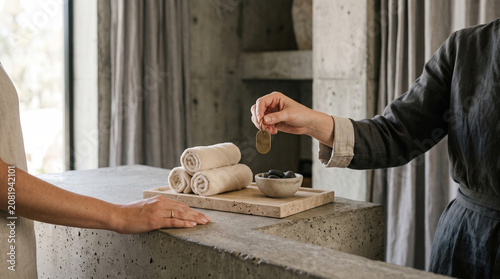 Luxury Spa Check In Detail With Concrete Counter And Brass Key Token