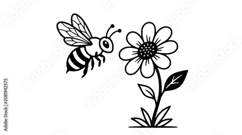 Schilderij op canvas Simple bee approaching a stylized flower, black and white line art
