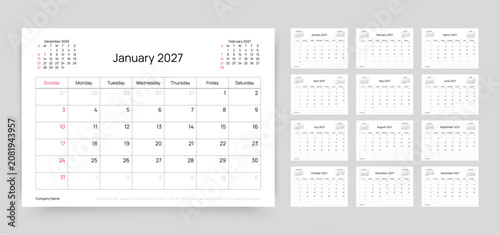 2027 year calendar. Planner calender template. Table schedule grid with 12 month. Week starts Sunday. Yearly organizer. Horizontal monthly diary layout. Vector illustration. Simple stationery