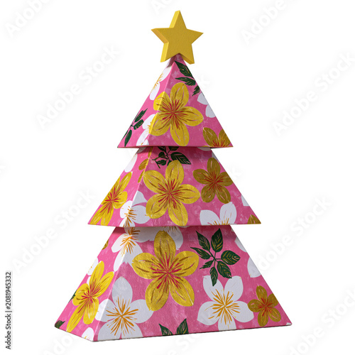Whimsical pink festive tree featuring floral accents and a bright yellow star for seasonal decoration isolated on transparent background
