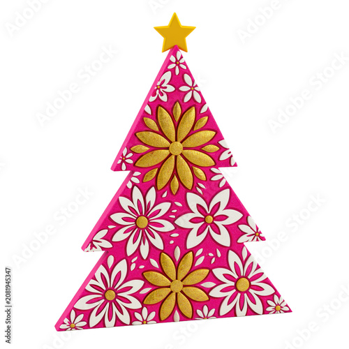Pink triangular Christmas tree decoration with floral ornaments and a small yellow star topper isolated on transparent background
