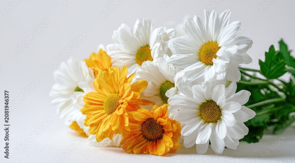 Fototapeta premium Elegant bouquet of white and yellow daisies against light background with blooming botanical arrangement colorful ornamental composition freshness background textured delicate gardening