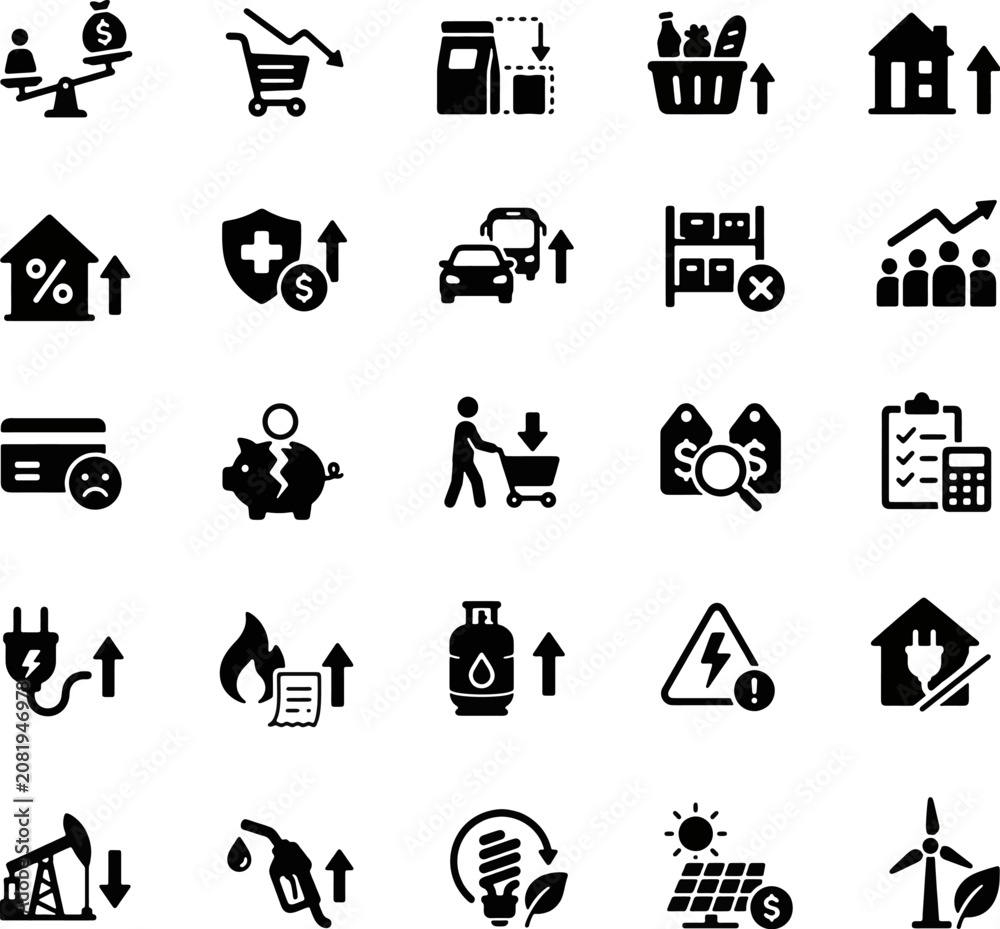 Obraz premium Energy crisis and household expense solid icons set, utility bills, electricity, gas, fuel, inflation, cost of living concept