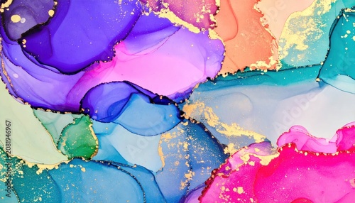 Multi-colored liquid ink abstract with gold accents.