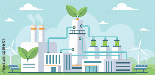 Green energy factory with solar panels wind turbines and eco technology for sustainable industrial power