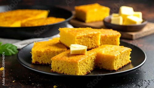 A plate of golden cornbread squares with melting butter on top