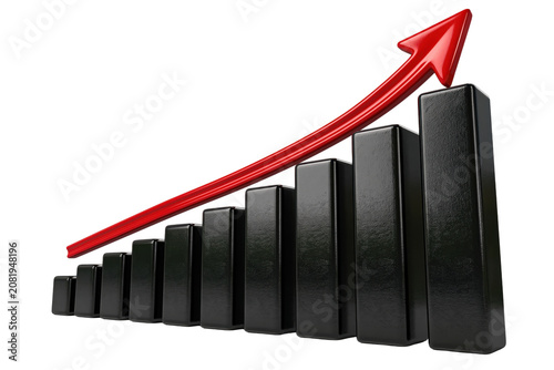 Black bar chart with a rising red arrow representing financial growth and business success isolated on transparent background