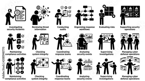 Billede på lærred Set of cybersecurity icons showing people investigating security incidents, reviewing threat information, conducting audits, and managing cyber defense operations in a professional style