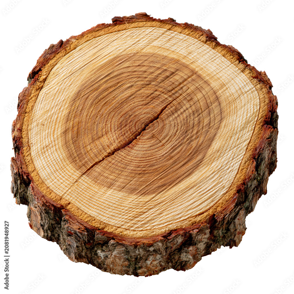 Fototapeta premium Natural round log slice with rough bark rim and detailed ring pattern for rustic decor and craft designs isolated on transparent background 