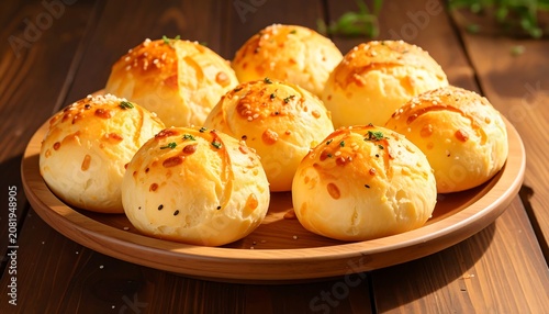 A plate of golden-brown, cheesy bread rolls on a wooden table