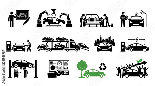 Εκτύπωση καμβά Electric vehicle industry icons showing car manufacturing, charging infrastructure, maintenance, logistics, and sustainable transport development for a greener future