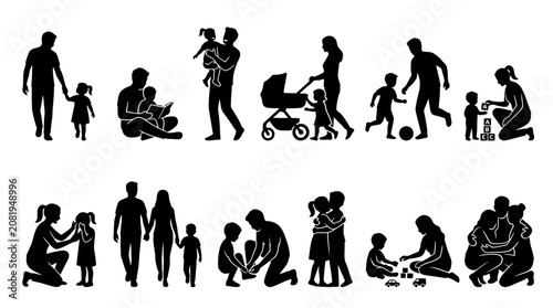 Tableau sur toile Family lifestyle and parenting icon set showing silhouettes of parents and children engaging in daily activities, bonding, playing, and nurturing moments in a home environment