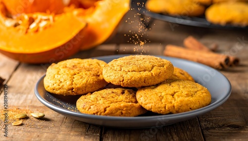 A plate of golden-brown cookies on a wooden table with pumpkin and spices