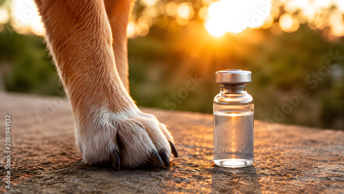 Dog Paw Beside Veterinary Vaccine Bottle