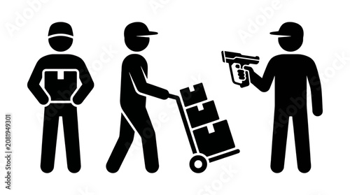 Bild auf Leinwand Professional warehouse logistics icons showing workers in action with packages, using a hand truck for transport, and scanning inventory items with a handheld device for accurate tracking
