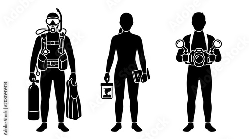 Tableau sur toile Collection of professional scuba divers and underwater photographers in black silhouette style, showing equipment, gear, and diving accessories for marine exploration concepts