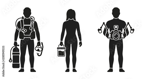 Foto Black silhouette collection of scuba divers and underwater photographers, featuring essential diving gear and camera equipment, perfect for marine lifestyle, aquatic sports, and exploration concepts