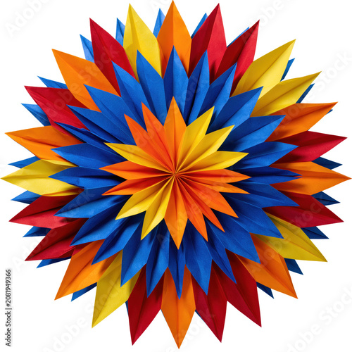Bright folded paper star ornament with colorful radial points for party and celebration decorations isolated on transparent background
