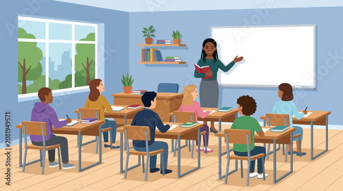 Diverse students in a classroom with a teacher standing by a whiteboard.