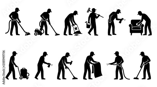 Foto Professional cleaning service silhouettes set featuring workers using vacuum cleaners, mops, spray bottles, and equipment for household maintenance and janitorial tasks isolated on white background