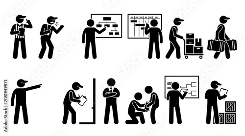 Collection of black silhouette icons representing warehouse staff, logistics managers, and supply chain workers performing inventory, shipping, and organizational tasks.