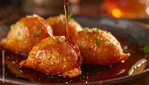A plate of golden-brown dumplings being drizzled with a brown sauce