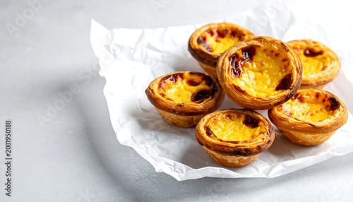 A plate of golden-brown, flaky pastry tarts with caramelized tops on white parchment