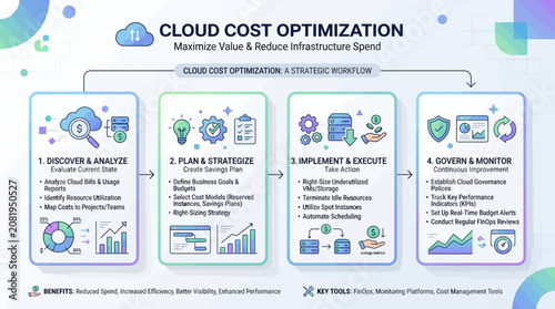 Cloud cost optimization strategies and solutions infographic.