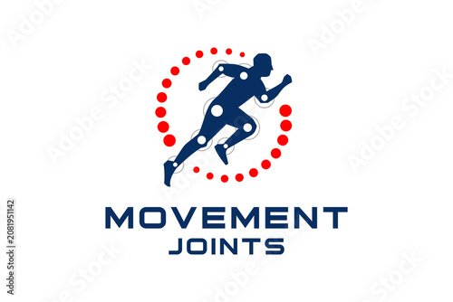 Movement Joints Logo Design with Running Athlete and Biomechanics Concept