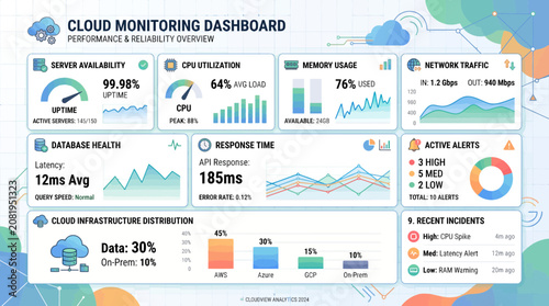 Cloud monitoring dashboard with server health metrics and alerts.