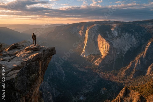 Backlit person standing on a mountain precipice looking out over a expansive canyon landscape at sunset with mountain adventure landscape wilderness exploration standing vertical mountainous