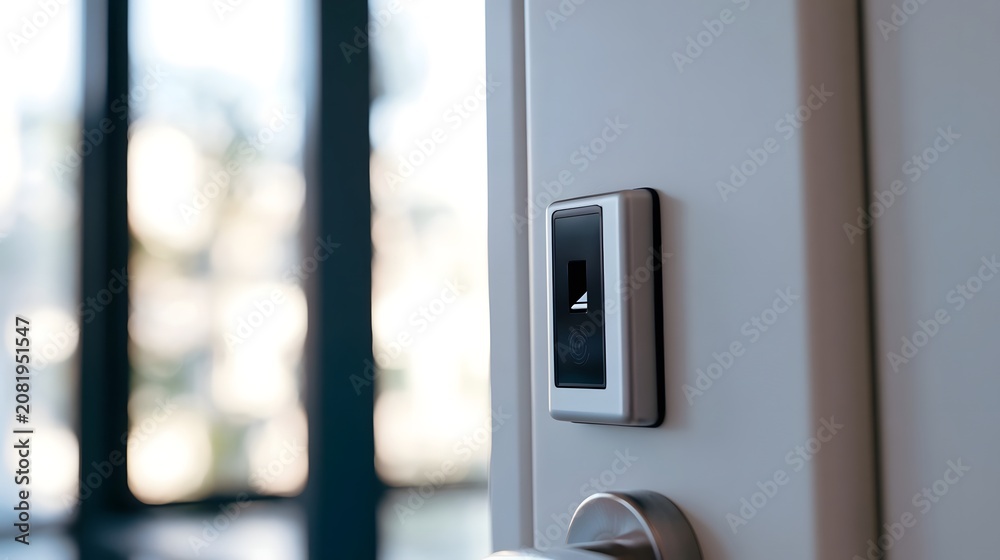 Naklejka premium Modern fingerprint scanner mounted on door for secure entry using biometric technology in contemporary interior space