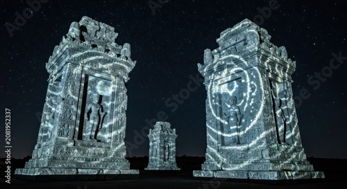 Glowing blue ancient stone clock towers.