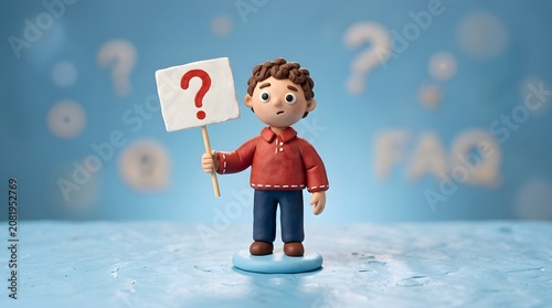 Clay figure character holding question mark sign representing faq and support