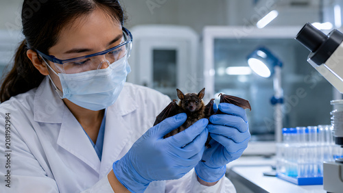 Veterinary Scientist Examining Bat in Laboratory