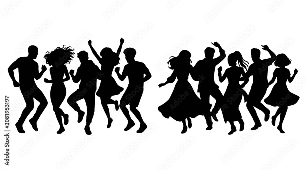 Obraz premium Silhouette illustration of people dancing together in a joyful group celebration isolated on transparent background, Vector