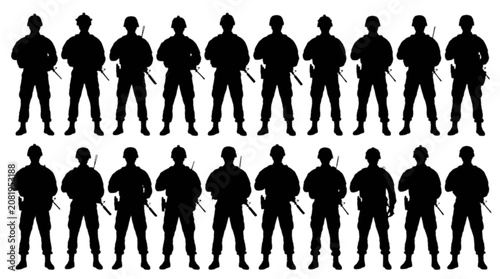 Canvastavla Silhouette people standing in organized rows facing forward isolated on transpar