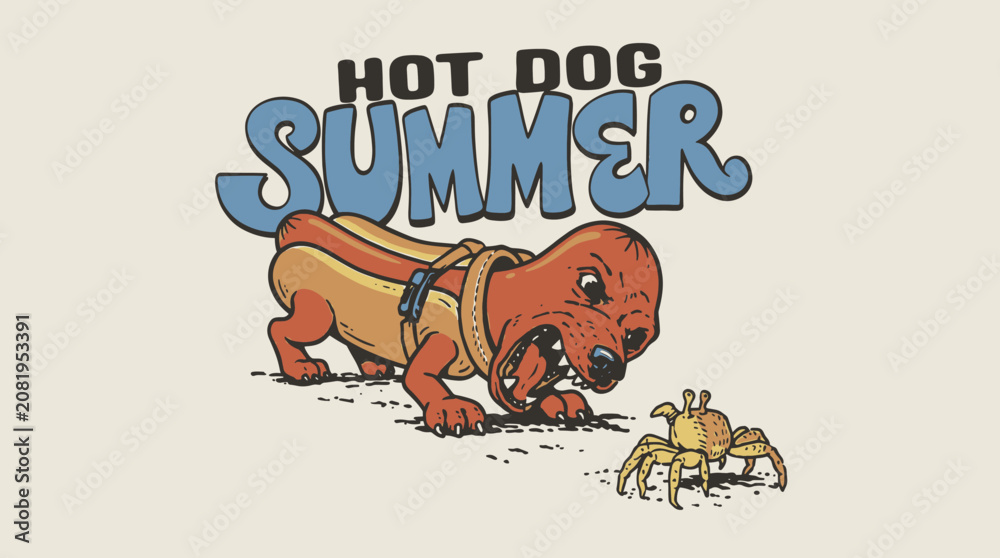 Fototapeta premium Funny retro hot dog dachshund barking at a crab on the beach, vintage comic illustration for t-shirt design and summer apparel