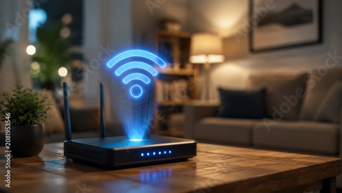 A wireless router with a glowing blue Wi-Fi symbol hologram, visualizing internet connection and advanced networking technology in a professional setting