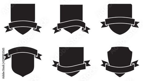 Set of black heraldic shield badges with blank ribbons and banners for custom design