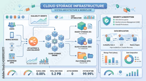 Cloud storage infrastructure network data flow diagram.
