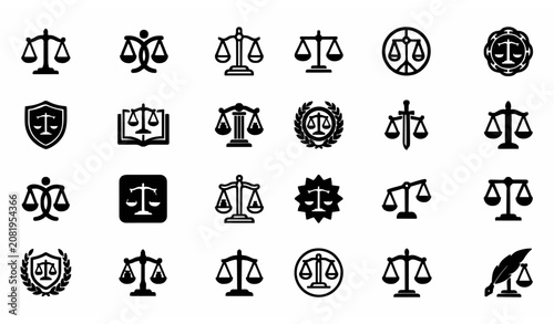 Obraz na płótnie Modern Law Scale Icons Bundle with Justice Balance Symbols for Legal Services Ve