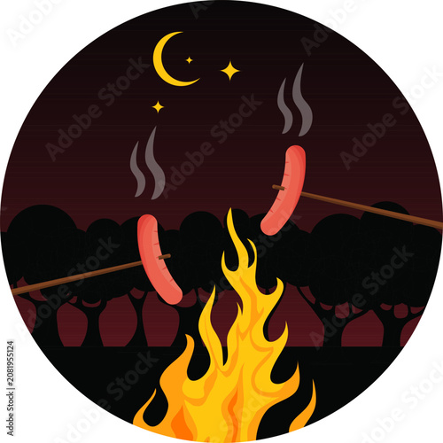 Grilling sausages on campfire at night in forest under crescent moon vector illustration circle