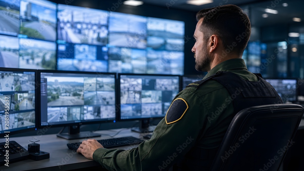 Fototapeta premium Modern Surveillance Camera Tower with Infrared Sensors on Border Fence