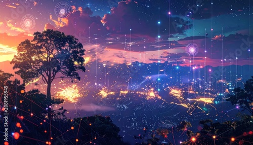 Night landscape with digital network glowing over nature.