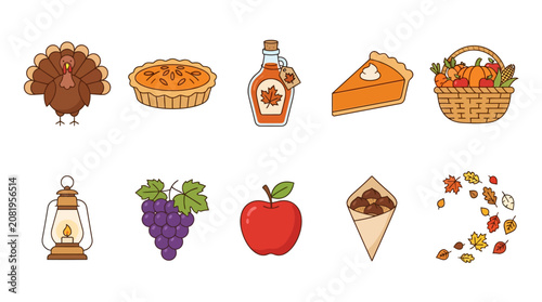 Photos A collection of cartoon-style icons depicting various autumn, harvest, and Thanksgiving elements including turkey, pies, maple syrup, fruits, and falling leaves