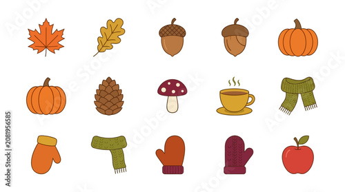 Bild auf Leinwand Collection of cute autumn and fall season icons including leaves, pumpkins, acorns, scarves, and mittens on a white background