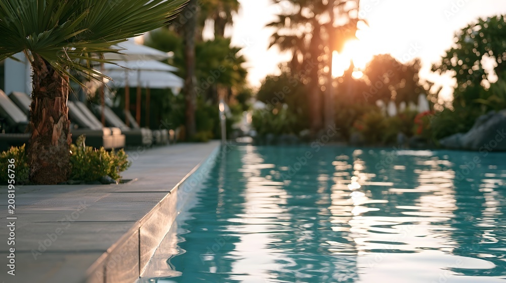 Fototapeta premium A serene swimming pool at sunset surrounded by palm trees and lounge chairs on a warm resort patio