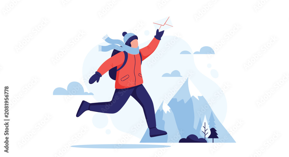 Obraz premium Determined winter hiker is running through a snowy mountain landscape while holding up an important letter.